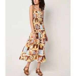 ana a new approach Smocked Tiered Midi Dress Tile Art Print Yellow Brown Size M